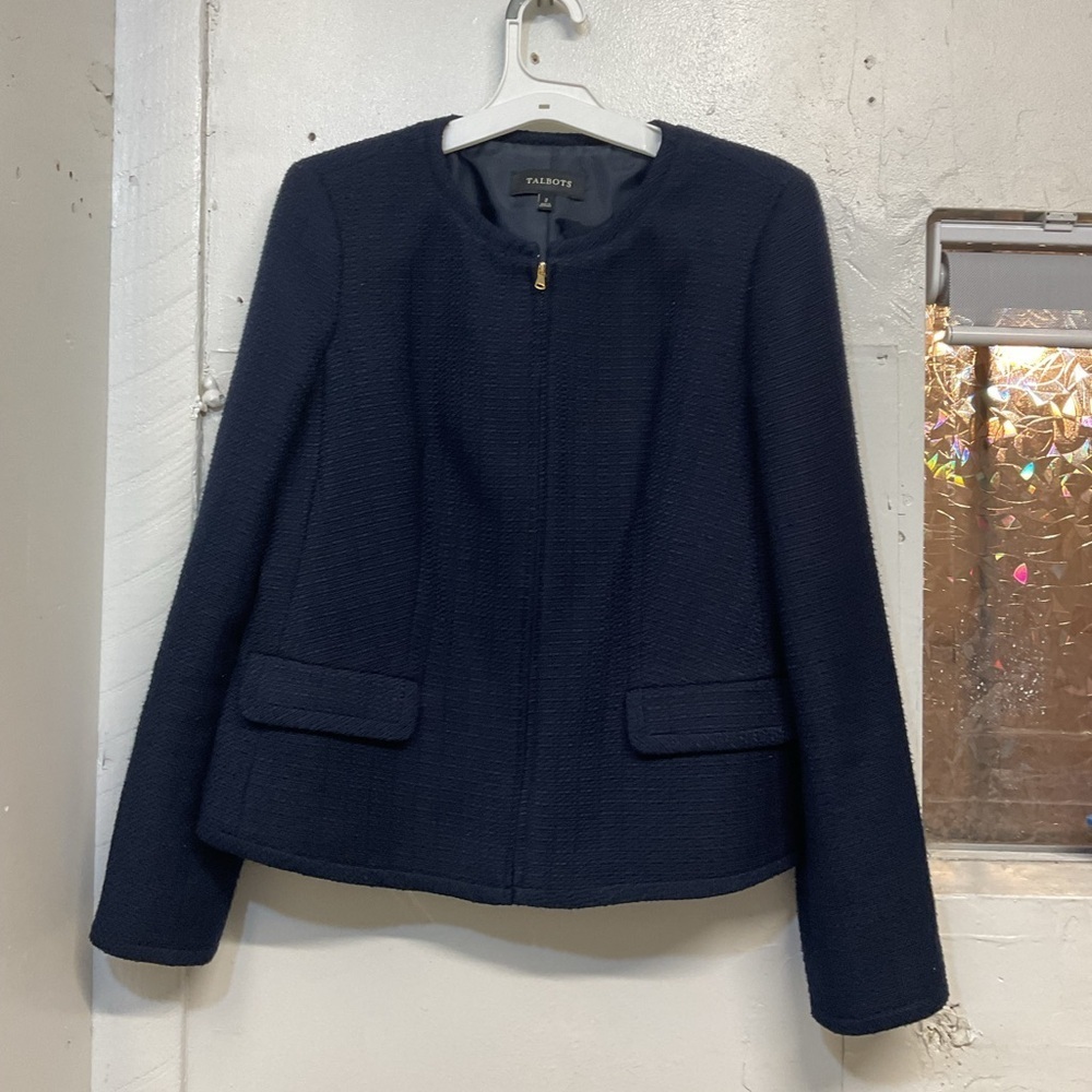 Talbots navy tweed zip up blazer with gold buttons size 2